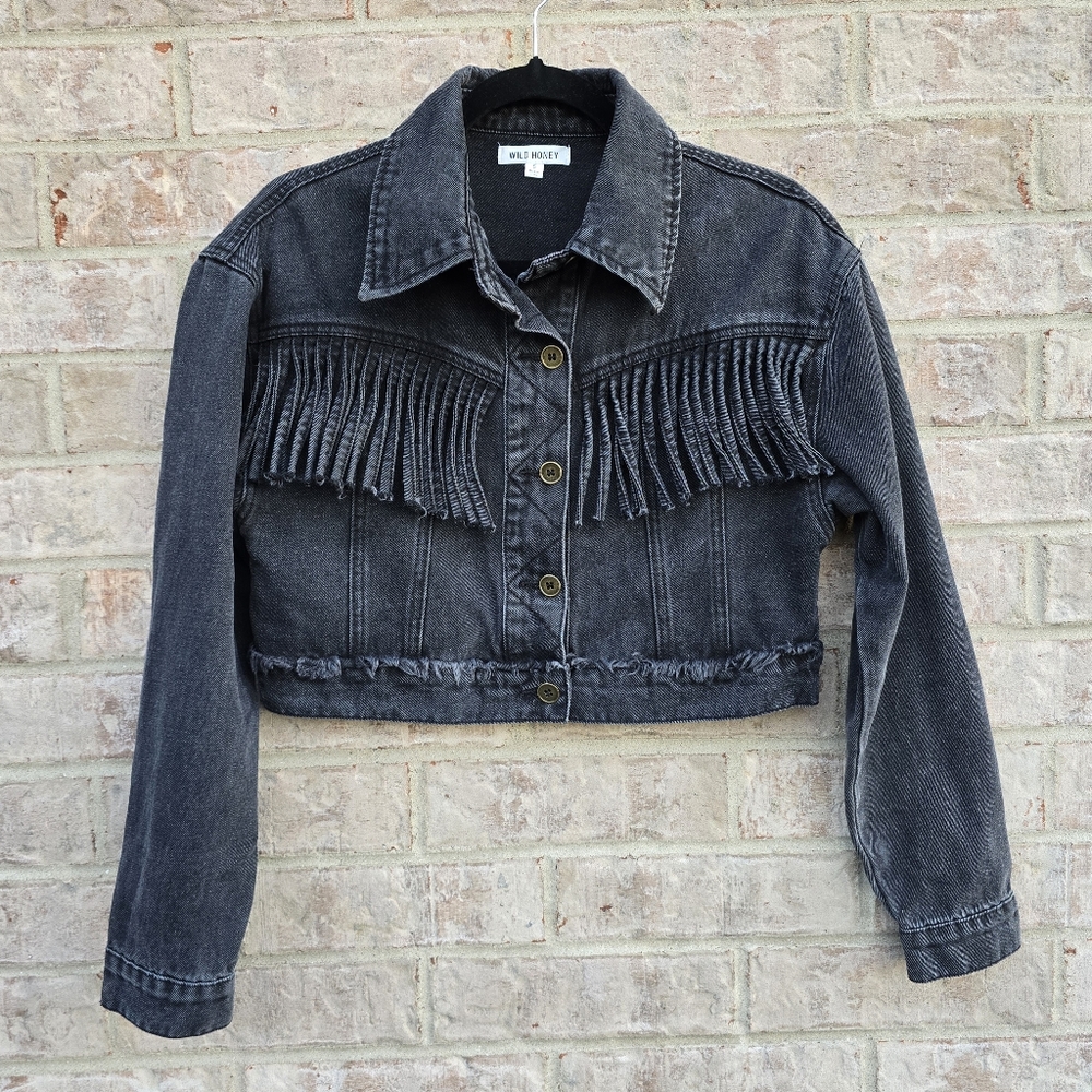 Wild Honey Cropped Black Denim Jacket Fringe Button Cowboy Cowgirl Western Sz SM